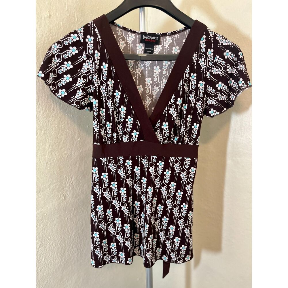 Vintage Hot Tempered Brown & Blue Floral Empire Waist Top L